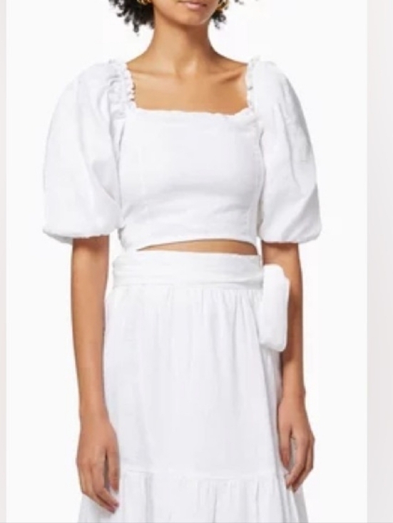 Faithfull the Brand Tops - Faithfull the Brand Barnette White Linen Puff-Sleeve Square-Neck Crop Smock Top